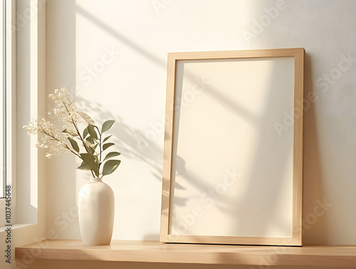 mockup picture wooden frame, plain white empty copy space, living room house design photo