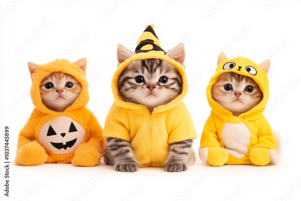 Adorable cats wearing yellow Halloween costumes, with a warm and snug feel
Adorable cats wearing yellow Halloween costumes, with a warm and snug feel
