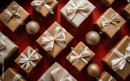 Gift Wrapped Celebration: A festive pattern of brown and white gift boxes adorned with elegant satin bows on a vibrant red background. Perfect for holiday-themed designs, greeting cards.