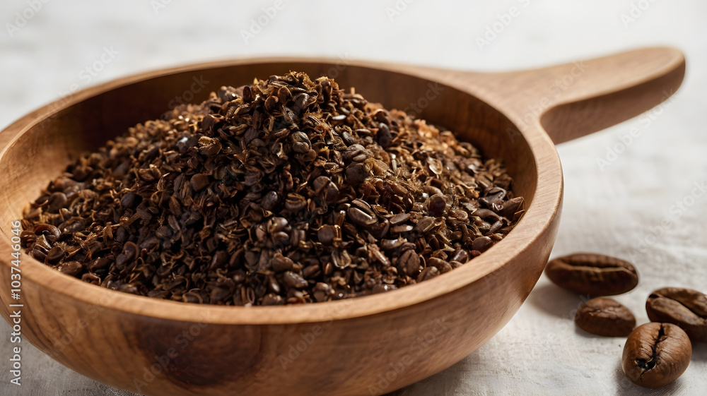 Ground Coffee Beans in Wooden Bowl: A close-up shot of freshly ground coffee beans in a wooden bowl, with a few whole beans scattered nearby. Aromatic, rich, and ready to brew the perfect cup. Ground Coffee Beans in Wooden Bowl: A close-up shot of freshly ground coffee beans in a wooden bowl, with a few whole beans scattered nearby. Aromatic, rich, and ready to brew the perfect cup.