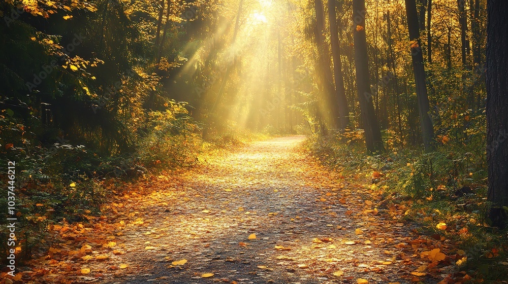 Obraz premium Serene Autumn Pathway Through Radiant Forest Light