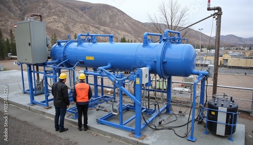 Engineers monitoring a hydrogen-powered desalination system, converting seawater into fresh water, clean water technology, water purification photo