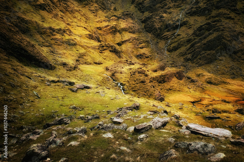 A stunning autumn scene unfolds in a mountainous area, showcasing vibrant golden grass and rocky surfaces, with a gentle stream winding through the landscape under soft afternoon light.
