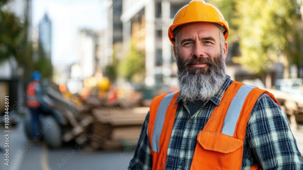 Obraz premium A construction worker stands confidently on an active city street, wearing a hard hat and safety vest, showcasing a strong sense of pride in his work amidst ongoing construction