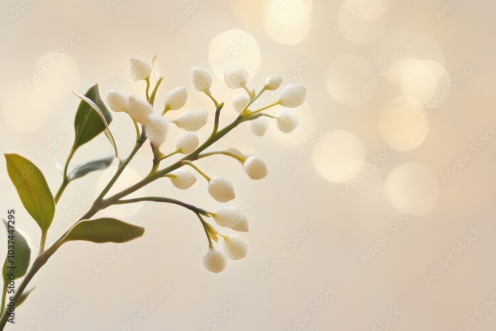 Delicate White Buds and Green Leaves Against a Soft, Blurry Beige Background Delicate White Buds and Green Leaves Against a Soft, Blurry Beige Background