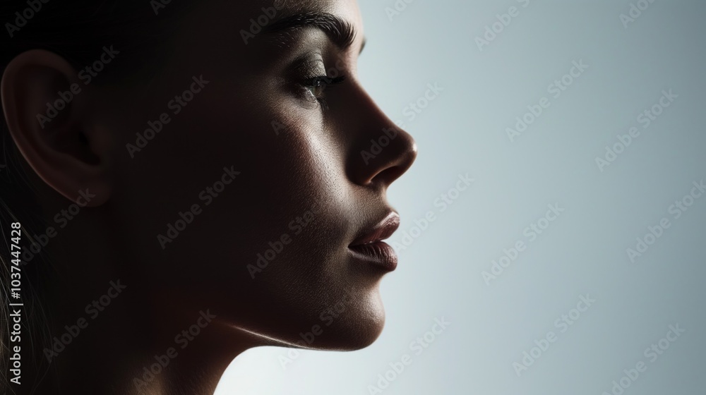 A woman’s profile is highlighted with gentle lighting, emphasizing her facial features and serene expression A woman’s profile is highlighted with gentle lighting, emphasizing her facial features and serene expression