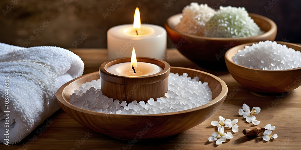 Serene Spa Still Life: Tranquil scene of burning candles, bath salts, and a soft towel, evoking relaxation and wellness. Perfect for spa, wellness, and beauty promotions. Serene Spa Still Life: Tranquil scene of burning candles, bath salts, and a soft towel, evoking relaxation and wellness. Perfect for spa, wellness, and beauty promotions.