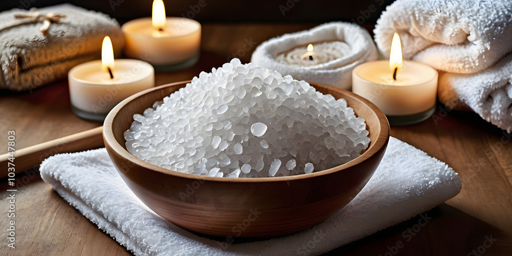 Relaxing Spa Ritual: A bowl of shimmering bath salts sits invitingly on a wooden table, surrounded by lit candles and soft towels. The scene evokes a sense of tranquility and self-care. Relaxing Spa Ritual: A bowl of shimmering bath salts sits invitingly on a wooden table, surrounded by lit candles and soft towels. The scene evokes a sense of tranquility and self-care.