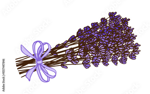 lavender bouquet , tied with a light purple bow. vibrant colors pop isolated on  white background for cosmetic, parfumes, culinary recipe, poster, banner, card design