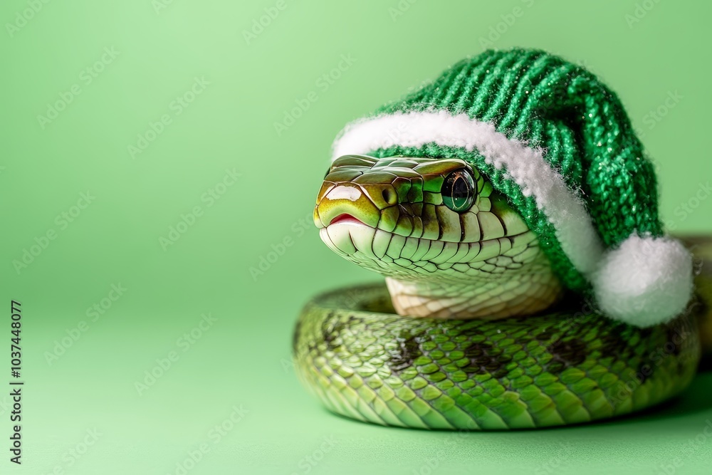 Fototapeta premium Snake wearing green holiday hat isolated over light green background. Concept of Christmas, New Year
