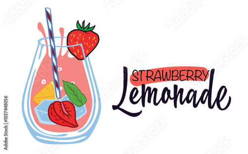 vibrant illustration of strawberry lemonade with a straw, strawberries, and mint. Perfect for summer drink ads, menus, recipe blogs, or refreshing beverage packaging.