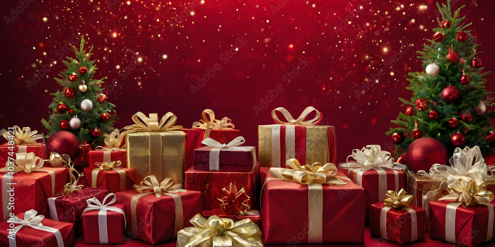 Christmas Gift Pile: A mountain of elegantly wrapped presents in rich reds and golds, nestled between two festively decorated Christmas trees against a sparkling red backdrop. Christmas Gift Pile: A mountain of elegantly wrapped presents in rich reds and golds, nestled between two festively decorated Christmas trees against a sparkling red backdrop.