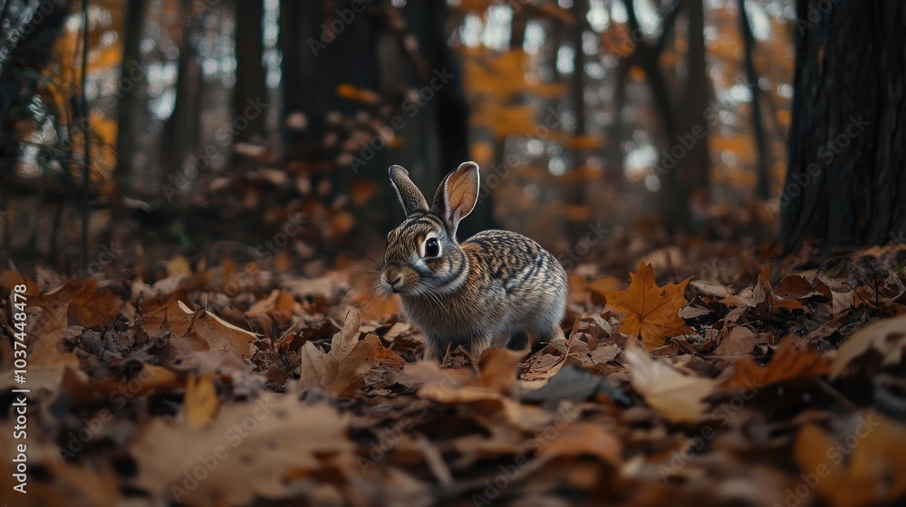 A rabbit exploring a wooded area filled with fallen leaves A rabbit exploring a wooded area filled with fallen leaves