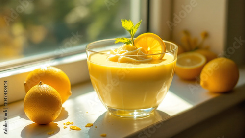 Lemon mousse with fresh lemons on a sunny windowsill photo