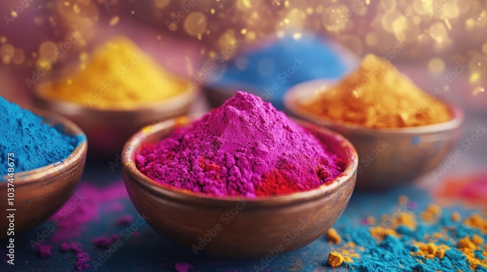 A radiant display of vibrant colored powders in bowls, symbolizing the joyous spirit of the festival A radiant display of vibrant colored powders in bowls, symbolizing the joyous spirit of the festival