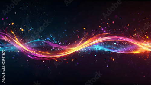 Cosmic Flow: Abstract artwork of vibrant, swirling energy streams in neon pink, orange, and blue hues, set against a dark background. Perfect for tech, music, or fantasy themes. 