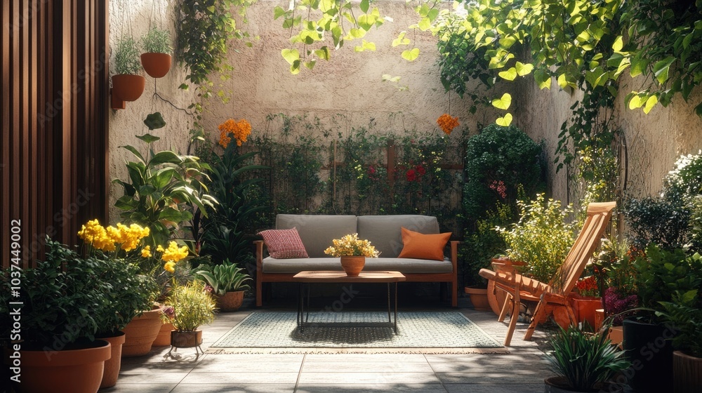 A refreshing garden patio with comfy seating and colorful plants in pots A refreshing garden patio with comfy seating and colorful plants in pots