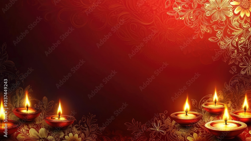 A rich, gold and red gradient background with delicate floral patterns and glowing diyas along the border A rich, gold and red gradient background with delicate floral patterns and glowing diyas along the border