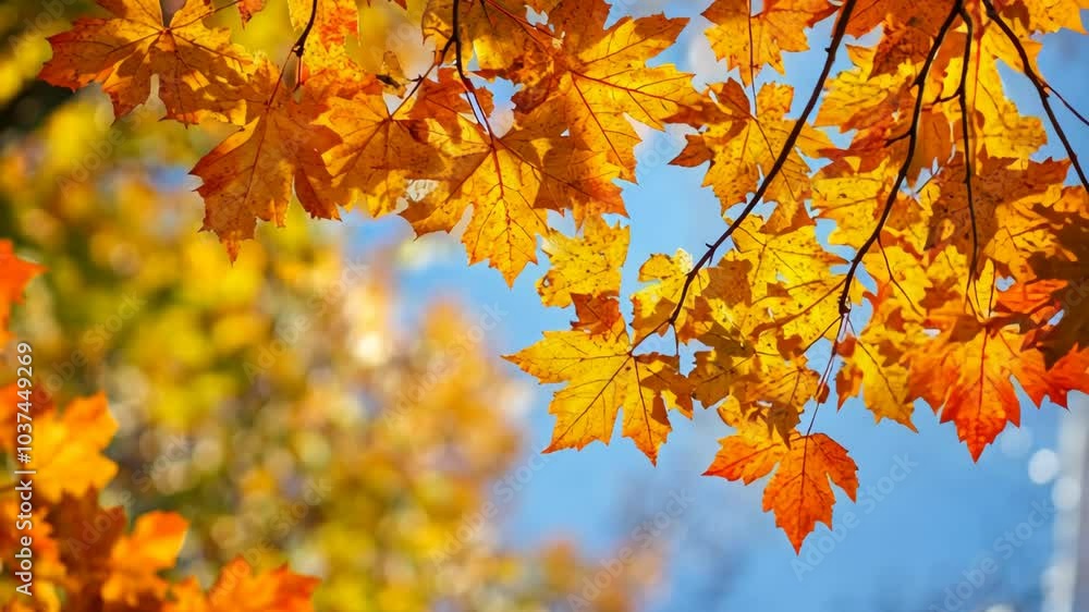 Golden leaves sway gently in the autumn breeze, their colors vibrant against a clear blue sky Golden leaves sway gently in the autumn breeze, their colors vibrant against a clear blue sky