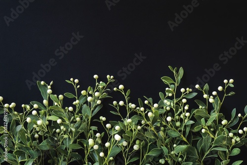 Wallpaper Mural White Berries and Green Leaves on a Black Background Torontodigital.ca