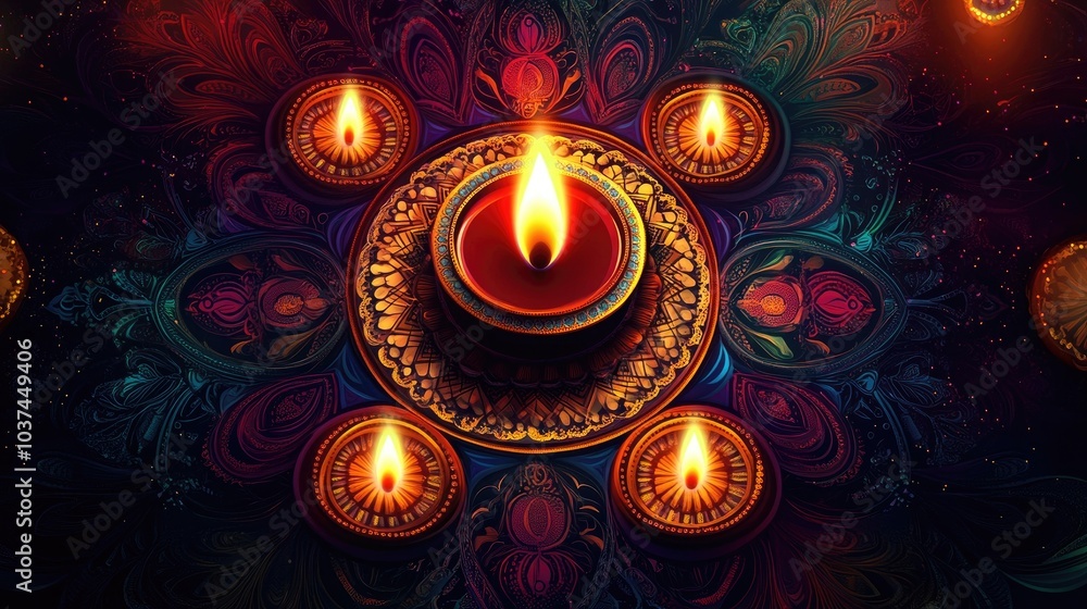A richly detailed vector with diya motifs, decorative mandalas, and vibrant borders A richly detailed vector with diya motifs, decorative mandalas, and vibrant borders