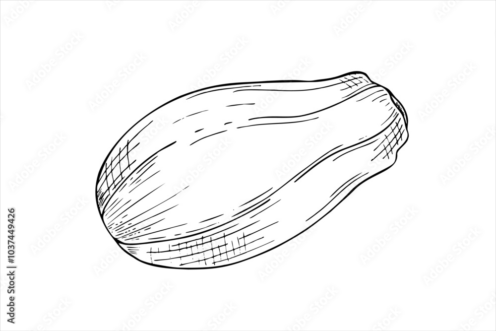 Fototapeta premium Whole unpeeled papaya fruit line art black ink sketch in realistic style. Tropical pawpaw plant vector isolated illustration. Floral exotic element for package design, cooking recipes, label