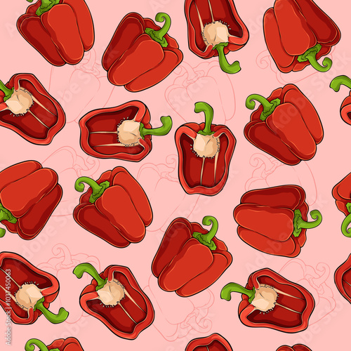 Hand drawn seamless pattern of delicious healthy organic red sweet bell pepper sliced in half
