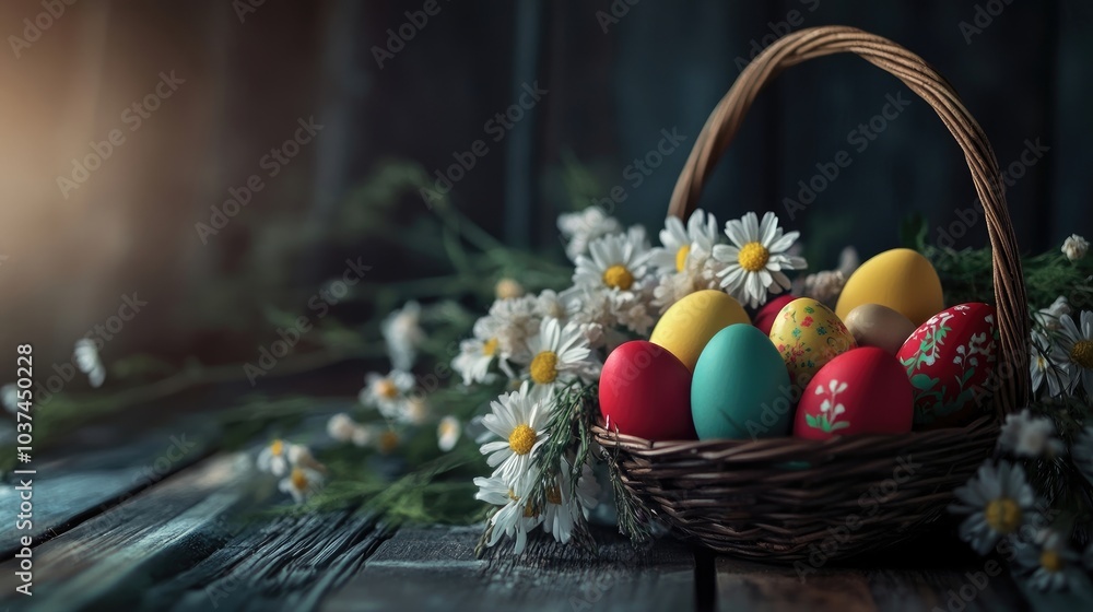 A rustic Easter display with colorful eggs resting in a basket on a wooden table adorned with flowers A rustic Easter display with colorful eggs resting in a basket on a wooden table adorned with flowers