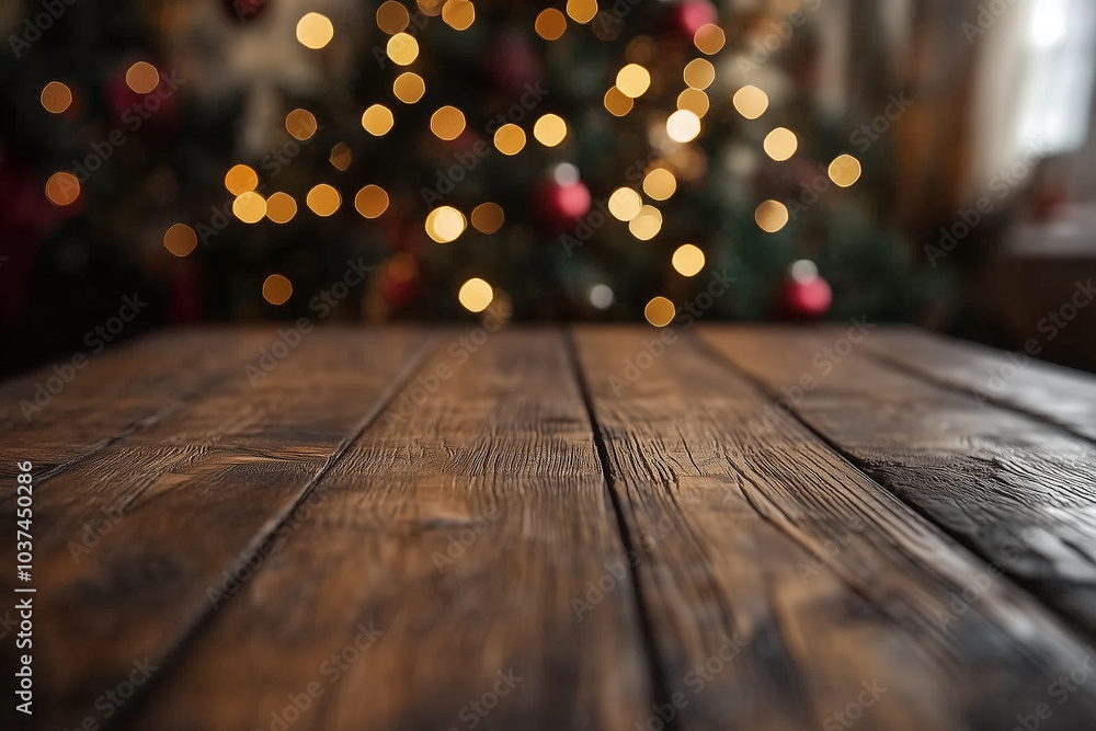 A rustic wooden table in front of a beautifully decorated Christmas tree with warm lights glowing in the background during the holiday season A rustic wooden table in front of a beautifully decorated Christmas tree with warm lights glowing in the background during the holiday season