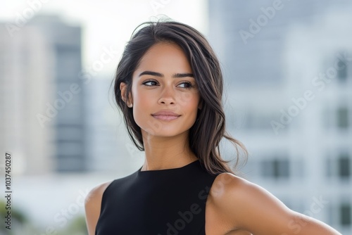 A stylish woman with long hair in a sleek black dress, exuding confidence and serenity against a modern urban backdrop, symbolizing elegance and grace. Free Download A stylish woman with long hair in a sleek black dress, exuding confidence and serenity against a modern urban backdrop, symbolizing elegance and grace. - GFXLoad