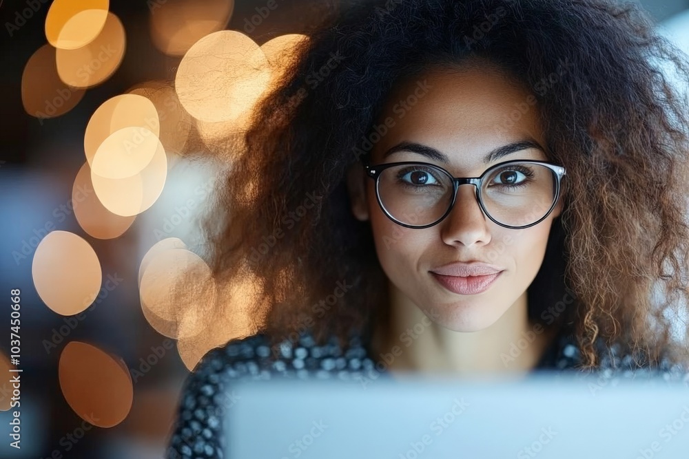 A woman with curly hair and glasses intensely focuses on her laptop screen, surrounded by defocused warm lights, suggesting productivity and creativity. A woman with curly hair and glasses intensely focuses on her laptop screen, surrounded by defocused warm lights, suggesting productivity and creativity.