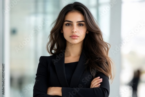Free Download A confident woman in a black blazer stands with crossed arms in a modern business environment, reflecting strength and professionalism in a corporate setting. - GFXLoad