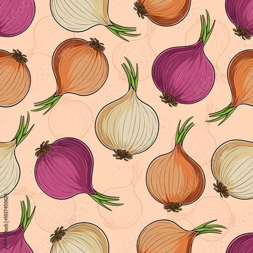 Hand drawn seamless pattern of healthy organic red, white, sweet and yellow onion with green leaves