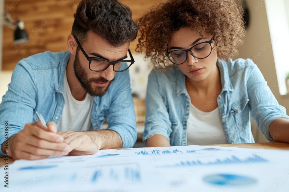 A man and woman sit closely, examining charts together with focus and dedication, in a casual office environment, symbolizing teamwork and collaboration in business. A man and woman sit closely, examining charts together with focus and dedication, in a casual office environment, symbolizing teamwork and collaboration in business.