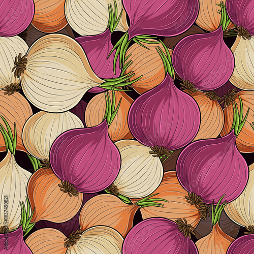 Hand drawn seamless pattern of fresh organic red, white, sweet and yellow onion with green leaves