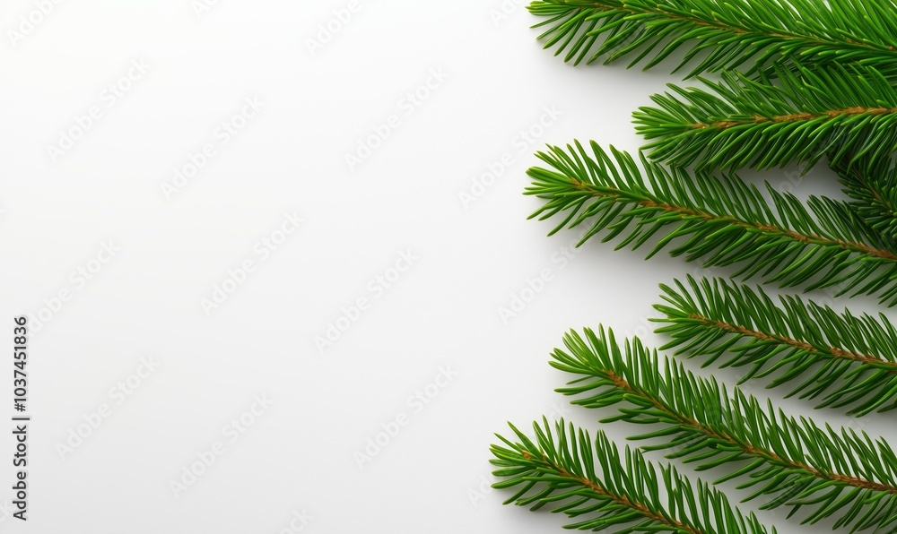 Green fir branches placed diagonally on a white background Green fir branches placed diagonally on a white background