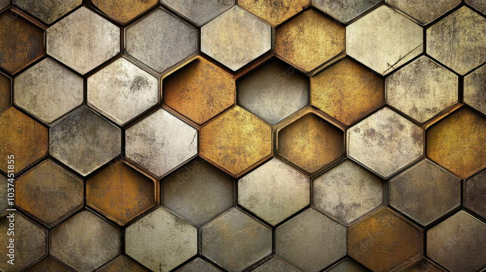 Textured hexagonal background with mix of metallic colors, showcasing blend of gold, bronze, and silver tones. design creates visually striking and modern aesthetic Textured hexagonal background with mix of metallic colors, showcasing blend of gold, bronze, and silver tones. design creates visually striking and modern aesthetic
