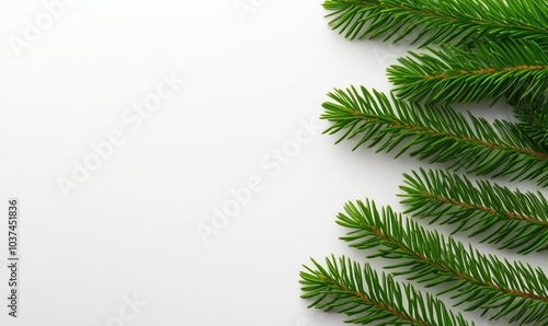 Green fir branches placed diagonally on a white background