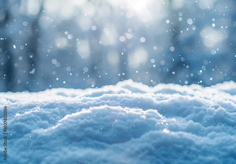 A beautiful background of snow with a blurred forest in the distance, creating an atmosphere of joy and celebration for Christmas or New Year A beautiful background of snow with a blurred forest in the distance, creating an atmosphere of joy and celebration for Christmas or New Year