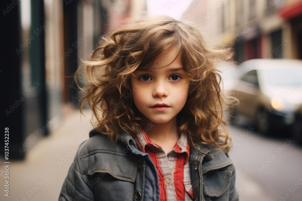 Portrait of a cute little girl with curly hair in the city Portrait of a cute little girl with curly hair in the city