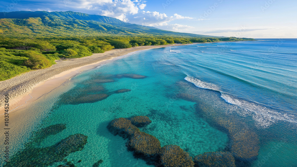 Obraz premium Aerial view of tropical beach with clear turquoise waters and lush greenery