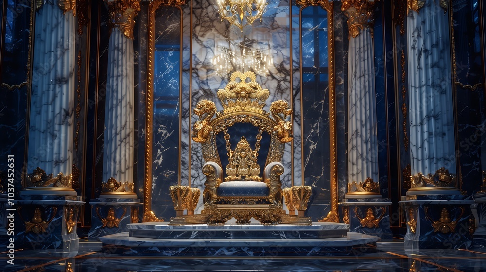 Obraz premium Dazzling crown on a throne, Glowing crown, King, Ruler, Copy space,Space for text,Generative AI,王座の上に眩い王冠、光り輝く王冠、キング、支配者、コピースペース,テキスト用スペース,Generative AI