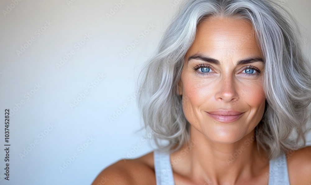 Smiling middle-aged woman with gray hair and blue eyes, looking confident and radiant Smiling middle-aged woman with gray hair and blue eyes, looking confident and radiant
