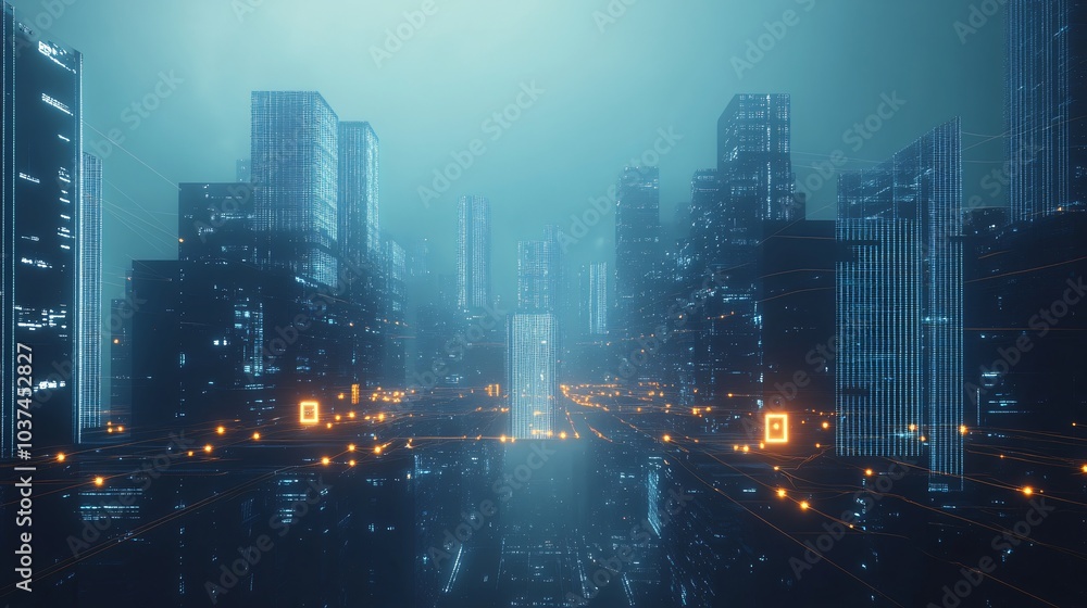 A futuristic city skyline with glowing skyscrapers and lines connecting them. A futuristic city skyline with glowing skyscrapers and lines connecting them.