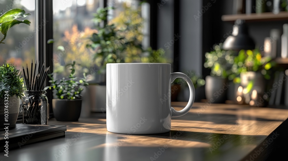 Minimalist Desk Layout Featuring a Blank Coffee Mug Ideal for Professional Workspaces and Creative Projects Minimalist Desk Layout Featuring a Blank Coffee Mug Ideal for Professional Workspaces and Creative Projects