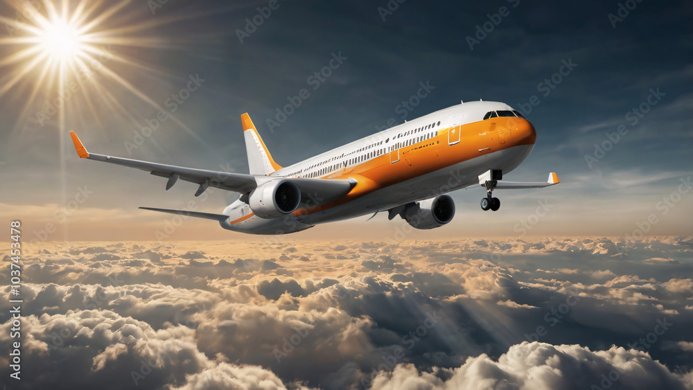 A flying aeroplane 3d illustration in the shining orange evening. A flying aeroplane 3d illustration in the shining orange evening.