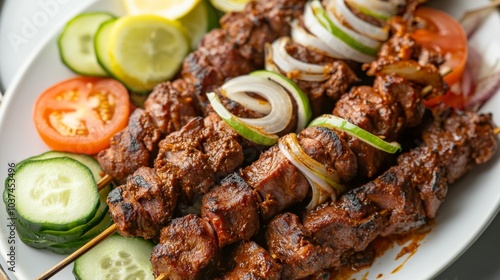 A mouthwatering platter of Nigerian suya, spicy skewered meat served with sliced onions, tomatoes