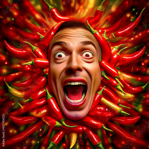 Creative Concepts for Spicy Food. Expressions, Reactions and Feelings Provoked by Chili Peppers.  photo