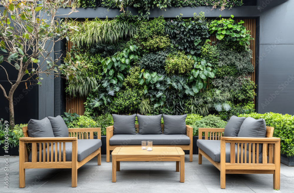 Modern outdoor seating area with wooden furniture, grey cushions, and a vertical garden wall Modern outdoor seating area with wooden furniture, grey cushions, and a vertical garden wall