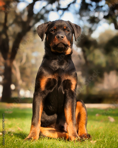 Rottweiler puppy sitting in park